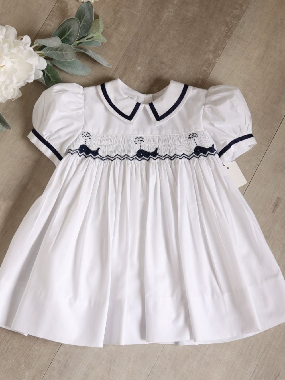 White Smocked Dress Navy Trim Nautical Sarah Louise 12 Months Vacation Cruise